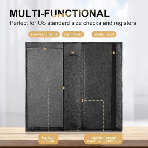 Vista 5 de CASMONAL Fundas de chequera para chequera personal RFID de cuero premium para chequera duplicada (negro), Negro -, Minimalista