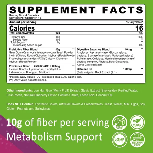 Vista 2 de Gomitas de fibra para adultos, suplemento de fibra prebiótica sin azúcar de 10g con enzimas digestivas, probióticos y 100mg de betaína para la salud