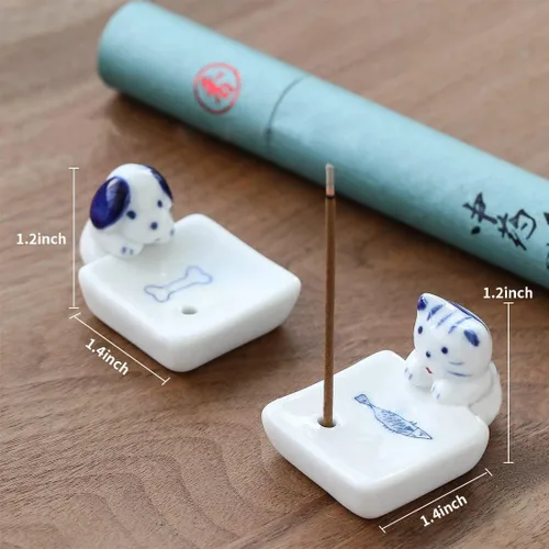 Vista 4 de Juego de 2, mini gatito japonés con perro, hecho a mano, de cerámica blanca, soporte para incienso o quemador de incienso, bandeja para decoración