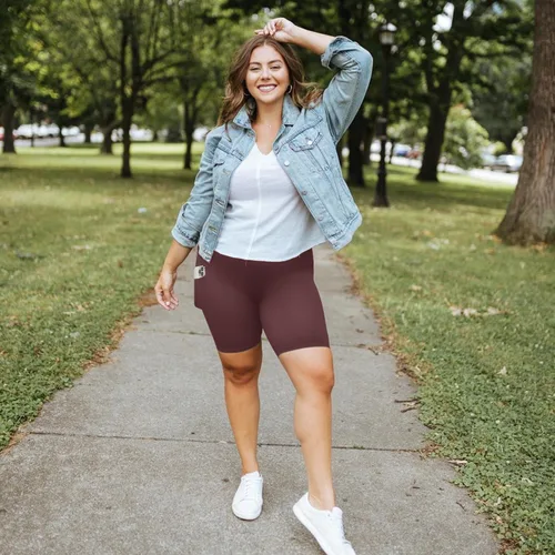 Vista 13 de MOREFEEL Pantalones cortos de ciclismo de talla grande de 8 pulgadas con bolsillos para mujer, cintura alta, control de abdomen, pantalones cortos