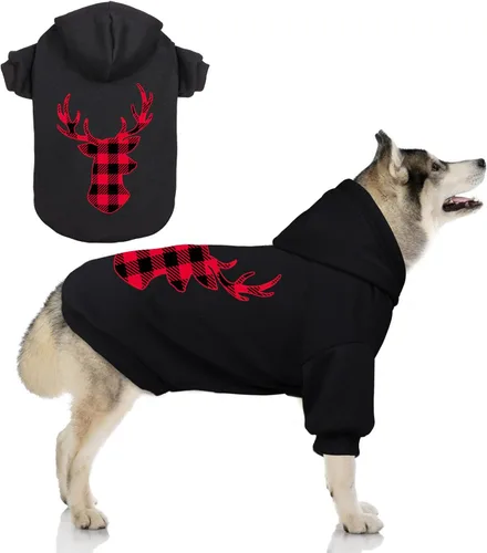 Vista 7 de Sudadera con capucha para perros pequeños, ropa para mascotas, diseño de lana cuadriculada negro, cálido y suave, transpirable, cómodo (Talla S)