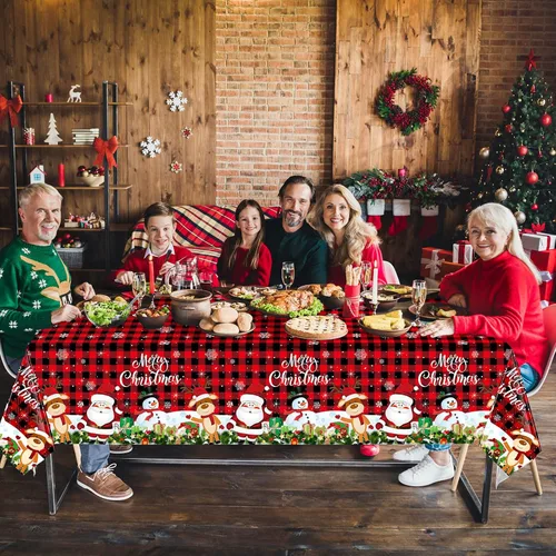 Vista 6 de Tiamon Paquete de 3 manteles de plástico para mesa de Navidad de 54 x 108 pulgadas para mesa rectangular, mantel desechable con diseño de muñeco
