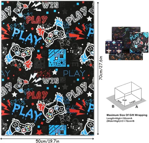 Vista 3 de Geluode Papel de regalo de cumpleaños para niños y niñas, amantes de los videojuegos, papel de regalo de videojuegos de 4 estilos, 8 hojas plegadas