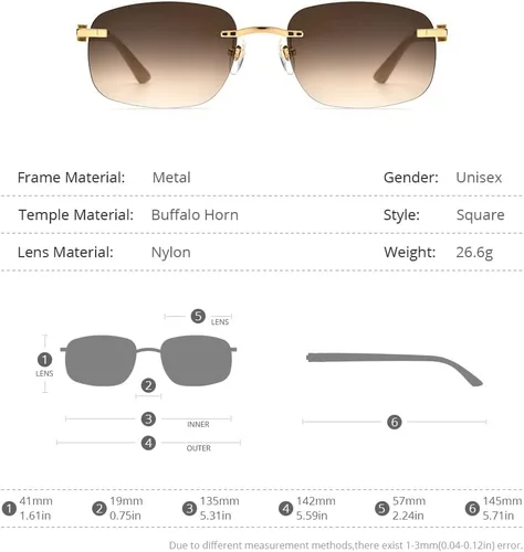 Vista 2 de HEPIDEM Lentes de sol 100% Really Buffalo Horn para hombre, lentes de sol cuadrados sin montura