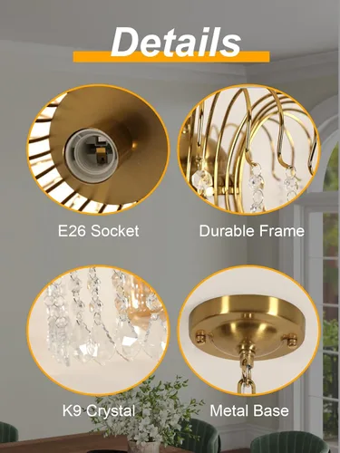 Vista 6 de Goeco Lámparas colgantes de cristal dorado para isla de cocina, bombilla E26 con 1 luz de cristal, elegante iluminación colgante ajustable