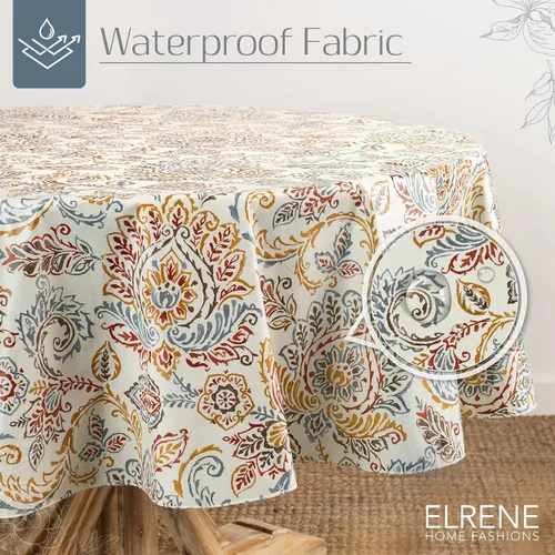 Vista 2 de Elrene Home Fashions Ava - Mantel de vinilo jacobeo floral resistente al agua y a las manchas con reverso de franela, 70 x 70 pulgadas, redondo