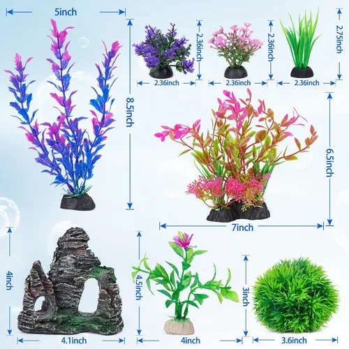 Vista 2 de Ameliade Plantas Artificiales de Plástico para Acuario Decoraciones y Conjunto de Decoración de Cueva de Roca Accesorios para Pecera de Pez Dorado