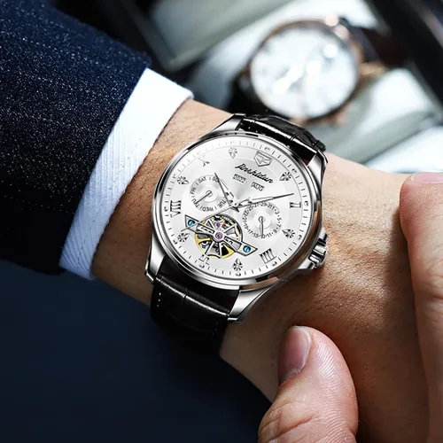 Vista 3 de OLEVS Relojes automáticos de cuero para hombre, esqueleto mecánico, Tourbillon, bisel de acero, reloj de pulsera para hombre, sin batería, correa