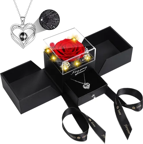 Vista 14 de Collar de rosas reales preservadas azules en caja con texto "I Love You" en 100 idiomas - Regalo único para mujeres, mamá, esposa, novia en el día