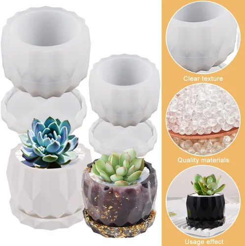 Vista 3 de Juego de 2 moldes de silicona para macetas de diamante, con soportes inferiores, color blanco, tamaño grande 3.82 x 2.52 pulgadas y pequeño 3.11 x