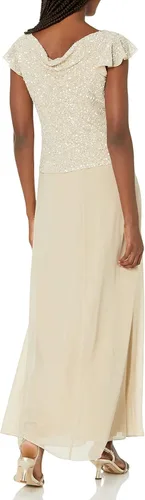 Vista 2 de J Kara Vestido largo de manga con volantes y cuello redondo y cuentas para mujer Champán Multi