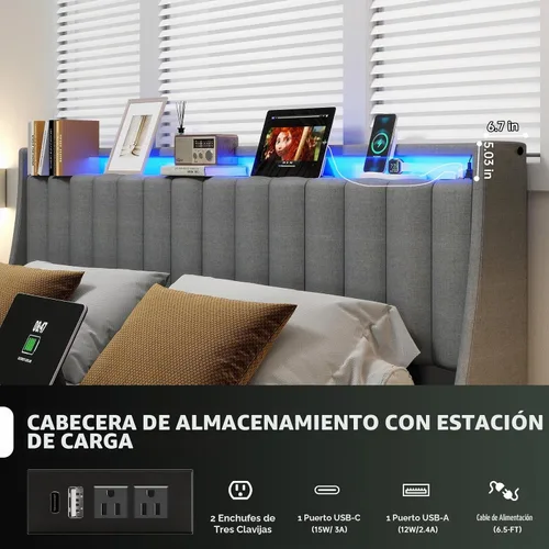 Vista 3 de UINTAI Marco de cama tamaño completo con cabecero y 4 cajones de almacenamiento, cama de plataforma metálica tapizada con respaldo abatido y luces