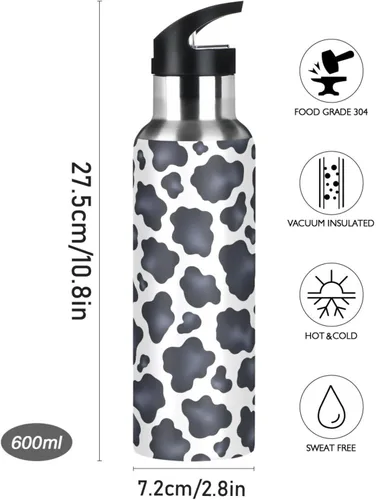 Vista 9 de Black White Cow Spots Insulated Stainless Steel Water Bottle with Straw 20 Oz Leakproof Water Bottles, BPA-Free Sports Water Bottle with Straw