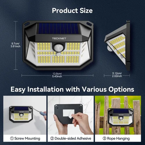 Vista 7 de TECKNET 231 luces LED solares de movimiento al aire libre impermeables, juego de 4 unidades con ángulo de 300° y 3 modos de iluminación, luces
