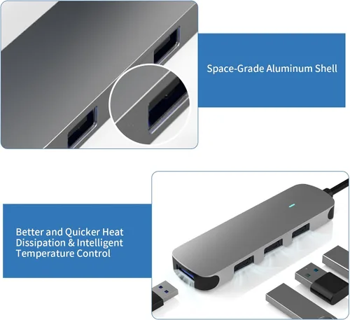 Vista 6 de Hub USB 4 puertos, adaptador portátil con divisor USB A 3.0 múltiple 2.0 para laptop, mini extensor USB Plug and Play para PC, unidad flash, disco