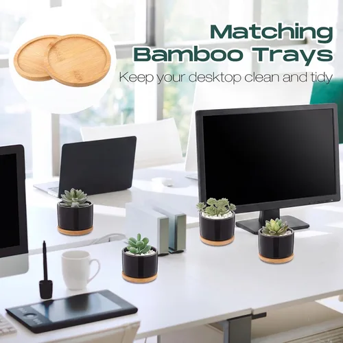 Vista 7 de Cindeer 12 juegos de macetas de cerámica para suculentas, macetas de cactus con bandeja de bambú, maceta cilíndrica pequeña con platillos de bambú