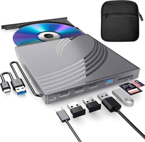 Vista 11 de BPAKDU - Unidad externa de CD/DVD para laptop, grabadora de CD ultra delgada, concentrador USB 3.0 con 4 puertos USB, 2 ranuras para tarjetas TF/SD
