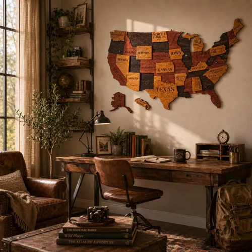 Vista 8 de Mapa de madera de EE. UU. lugares visitados - Mapa de madera de Estados Unidos con pines - Arte de pared decorativo 3D de rastreador de viajes