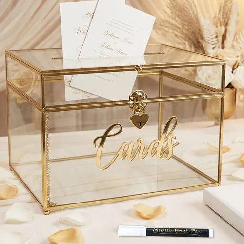 Vista 6 de Caja de tarjetas de boda con cierre de corazón, caja de tarjetas de vidrio de metal grande con marco dorado para recepción de fiestas, bodas, baby