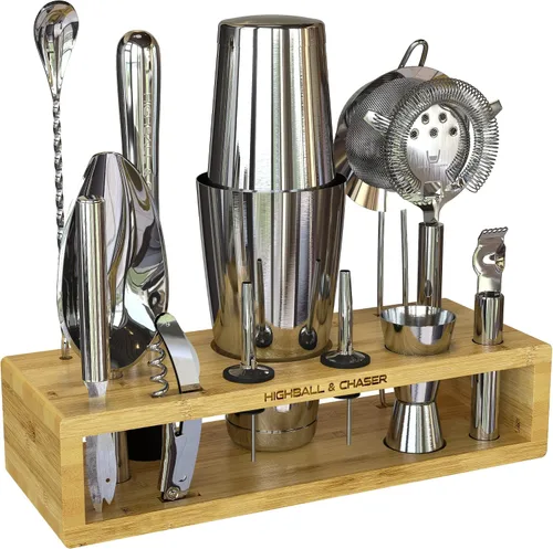 Vista 13 de Kit de bartender Highball & Chaser con soporte de bambú negro, hermoso juego de coctelera, juego y herramientas para barra, agitador Boston de acero