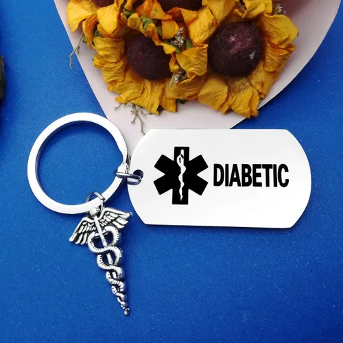 Vista 2 de Oubaka Llavero diabético para hombres, mujeres, niñas, niños, diabéticos, regalo de alerta médica, llavero para diabéticos y advertencia
