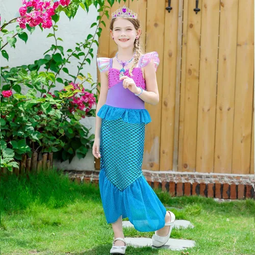 Vista 4 de GZ-LAOPAITOU Little Girls Mermaid Dress Mermaid Costume Halloween Birthday Party Dress Up Outfits with Accessories Wig