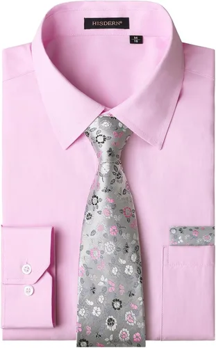Vista 52 de HISDERN Mens Dress Shirt with Tie Pocket Square Set Classic Button Down Shirt Matching Tie Long Sleeve Shirts 08-verde