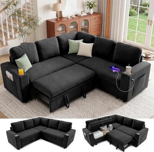 Vista 11 de Sofá cama seccional en forma de L con cama extraíble, 7 asientos Gris