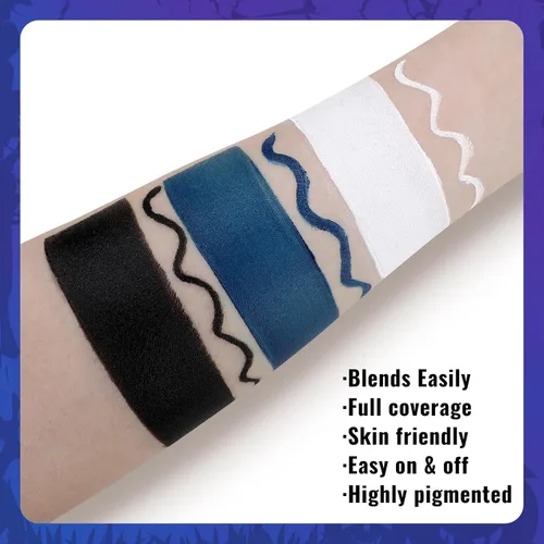 Vista 4 de Pintura facial blanca, negra y azul + 3 piezas de esponja + juego de pintura corporal con pincel, negro ojo para juegos deportivos de béisbol