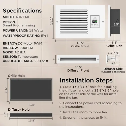 Vista 4 de Ventilador de transferencia de aire de habitación a habitación, ventilador de escape de pared con sistema de intercambio de aire programado