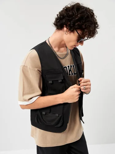 Vista 3 de Verdusa Chaleco tipo cargo steampunk sin mangas con hebilla con cremallera y bolsillo con solapa para hombre
