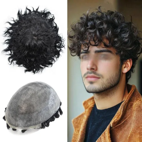 Vista 8 de Afro Toupee para hombres negros unidad de cabello humano para hombres negros postizo PU Ingección Afro Mens Toupee 4MM onda #1 negro azabache