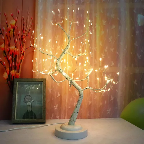 Vista 3 de 108 luces LED de árbol de abedul de 20 pulgadas, lámpara artificial de mesa de árbol de hadas, ocho modos de iluminación, funciona con USB