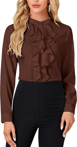 Vista 11 de LYANER - Blusa de cuello alto con botones, volantes en el frente, manga larga, camisa de trabajo para mujer