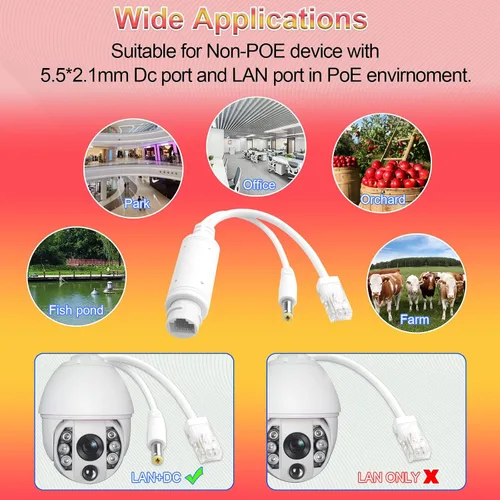 Vista 9 de POE Splitter 48V a 12V Power Over Ethernet Adaptador divisor impermeable, 12 W (máx.), conector CC de 0.217 x 0.083 in, IEEE 802.3Af/at, adecuado