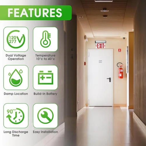 Vista 2 de Señal de salida de emergencia LED de doble cara con batería de respaldo, certificado UL, montaje en techo de pared, espejo acrílico, panel