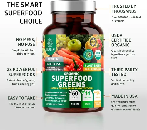 Vista 7 de USDA Organic Superfood Greens [28 ingredientes potentes] Cápsulas naturales Super Greens, suplemento de frutas y verduras con alfalfa, raíz