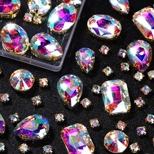 Vista 18 de WILLBOND 156 piezas de diamantes de imitación para coser con garra, diamantes de imitación de cristal con base plana, gemas con engaste de metal
