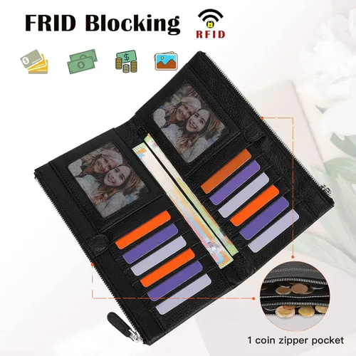 Vista 3 de Pomelo Best Cartera para mujer con bloqueo RFID, de piel auténtica, con múltiples tarjetas de crédito, gran capacidad, con cremallera alrededor
