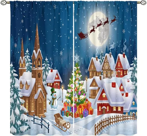 Vista 8 de Cortinas de Navidad lindas de invierno, vacaciones, regalos de Navidad, copos de nieve, elfo, sala de estar, cortinas de ventana de 42 x 45
