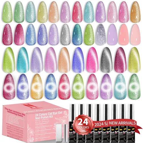 Vista 10 de Kit de esmalte de uñas de gel, 12 colores brillantes con purpurina 9D camaleón ojo de gato, juego de esmalte de uñas de gel con base de luz