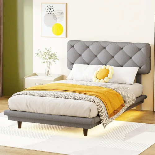 Vista 43 de Cama de plataforma flotante, marco de cama de madera tamaño individual con rayas claras, tela de lino suave y cabecera de diseño capitoné