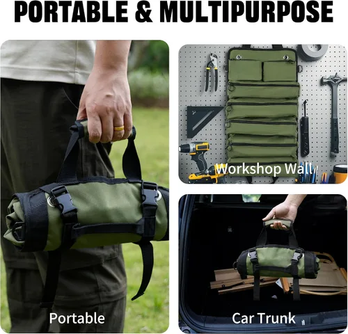 Vista 5 de Bolsa de herramientas portátil plegable enrollable impermeable con 5 compartimentos y 2 bolsillos desmontables, bolsa de herramientas resistente