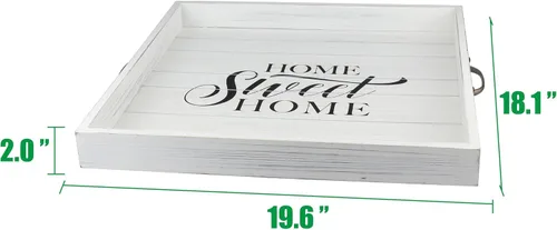 Vista 5 de Stonebriar Bandeja de madera decorativa casera dulce blanca desgastada cuadrada con manijas de metal