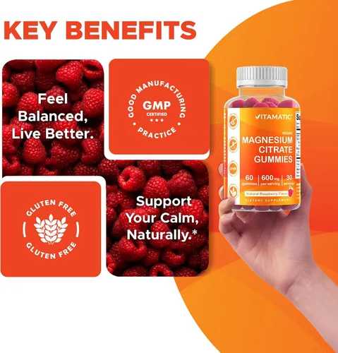 Vista 7 de Vitamatic Gomitas de magnesio de 600 mg por porción, 60 veganas para relajación, músculos, huesos y apoyo energético