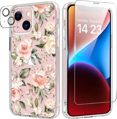 Vista 51 de bicol Funda para iPhone 14 Plus con Protector de Pantalla y Lente de Cámara - Diseños Florales de Moda para Mujeres y Niñas - Funda Transparente