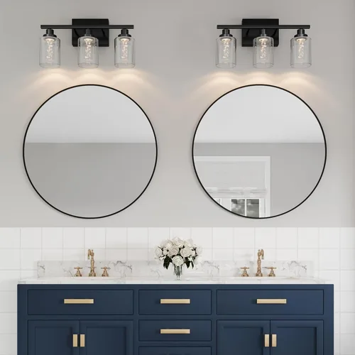 Vista 2 de MELUCEE Lámparas de tocador de baño, 3 luces LED sobre espejo, 3000 K-6000 K, moderna luz negra para baño con pantalla de cristal de burbujas, chips