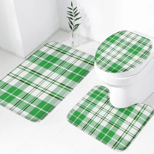 Vista 7 de Juego de 3 tapetes de baño a cuadros negros y rojos con diseño de cuadros de búfalo para decoración de invierno, antideslizante, absorbente de agua