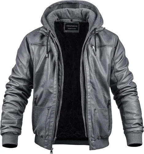 Vista 7 de CREATMO US Chaqueta de piel sintética para hombre, impermeable, resistente al viento, PU con capucha extraíble