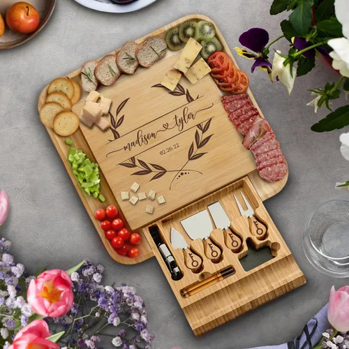 Vista 10 de Bambüsi Tablas de charcutería – Juego de tablas grandes de bambú para charcutería con cuchillos para servir, bandeja de queso, regalos